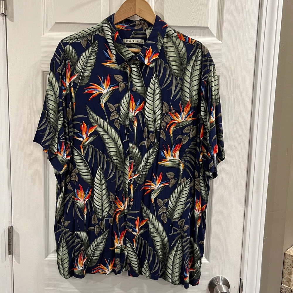 Batik Bay Mens XXL Navy Bird of Paradise Tropical Rayon Hawaiian Shirt S/S